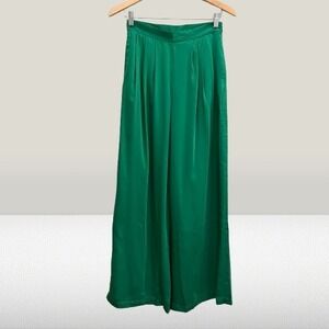 Spring + Mercer Emerald Green Wide Leg Pleated Satin‎ Trousers Pants Small